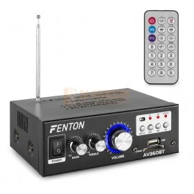 de fenton AV-360BT mini versterker met de bijhorende afstandsbediening Fenton AV-360BT - Versterker met FM radio en USB / SD speler